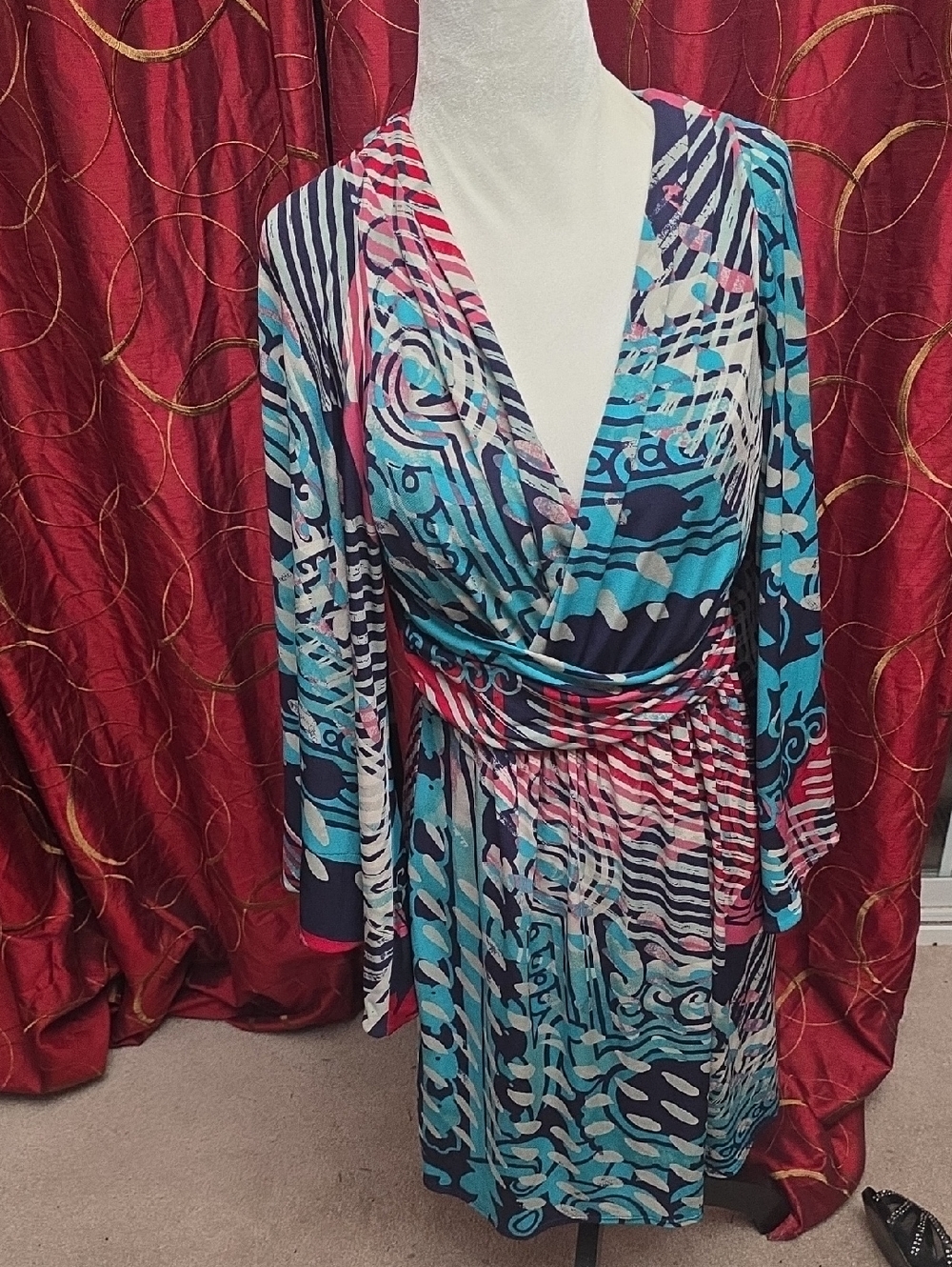 Laundry By Shelli Segal Teal, Pink & Navy Abstract Wrap Dress